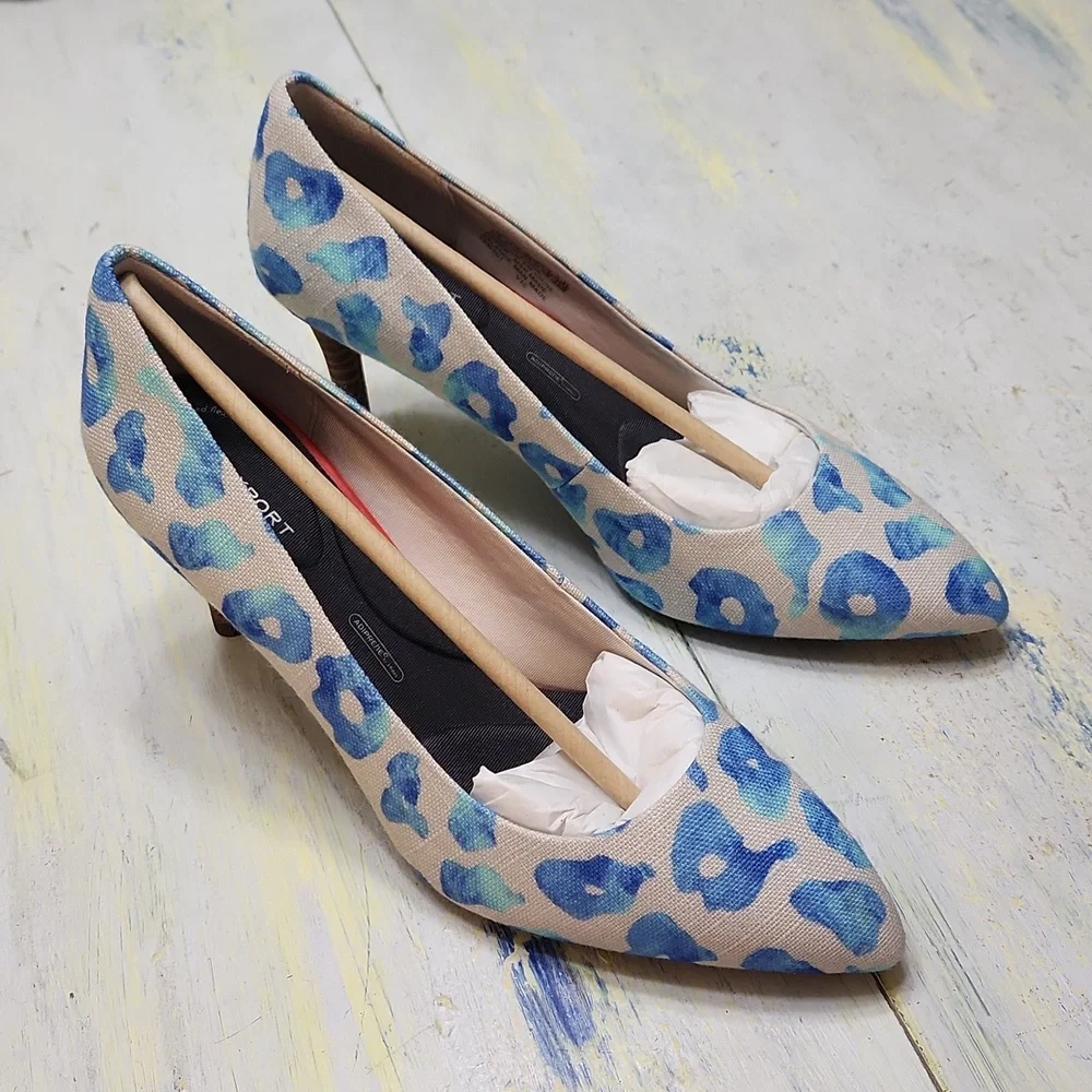 Blue leopard print linen heels Rockport TotalMotion Size 8 Never worn - Picture 1 of 12